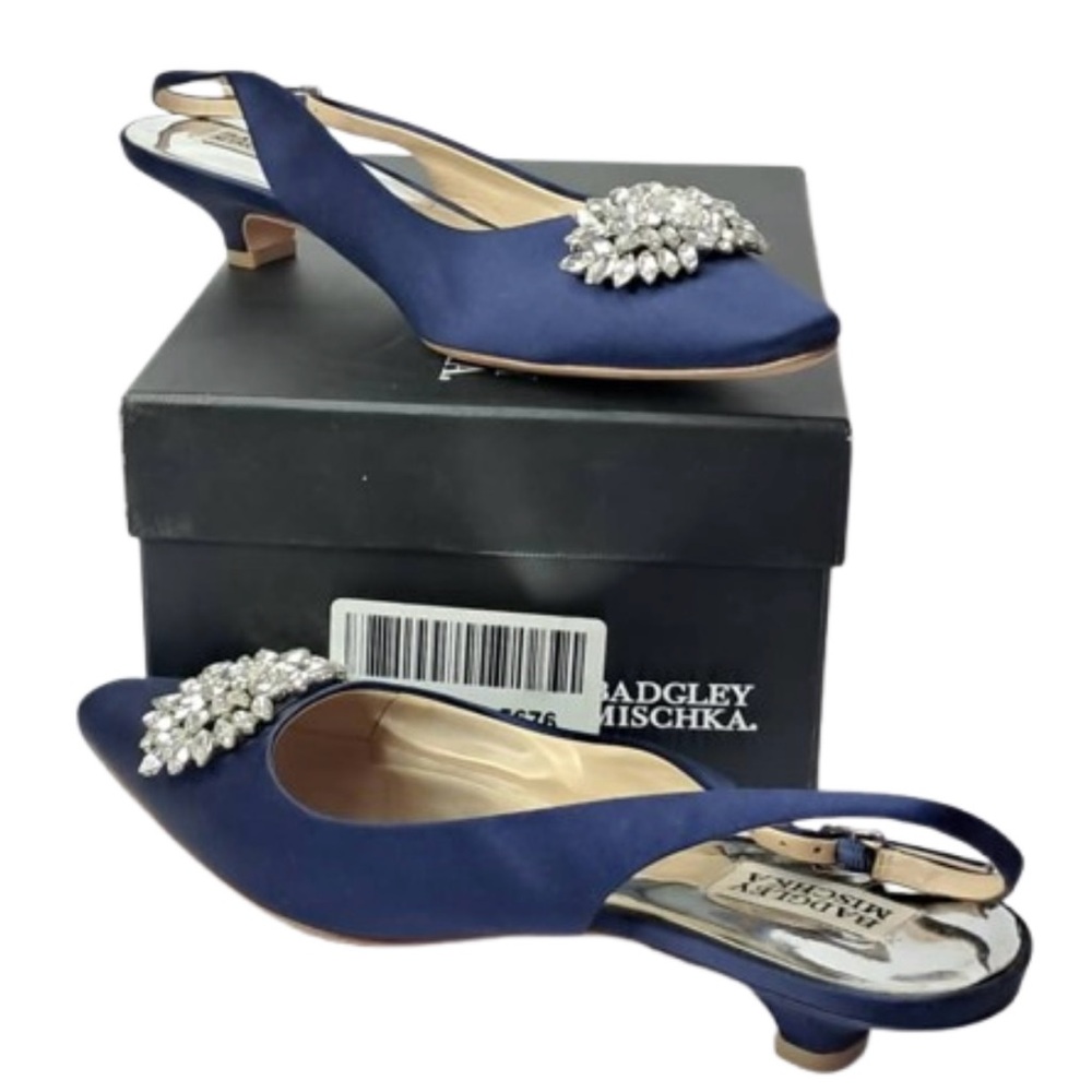 New Rare BADGLEY MISCHKA Navy   Embellished Satin Slingback Kitten Heel Pumps S